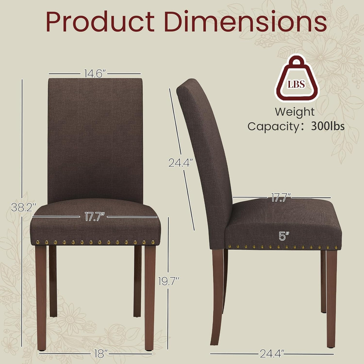 TLSUNNY Upholstered Dining Chairs Set of 2/4, Tufted Parsons Design with Nail Head Trim, Solid Wood Legs and Padded Seat, Comfortable Fabric for Dining Room, Kitchen (Brown, Set of 4)