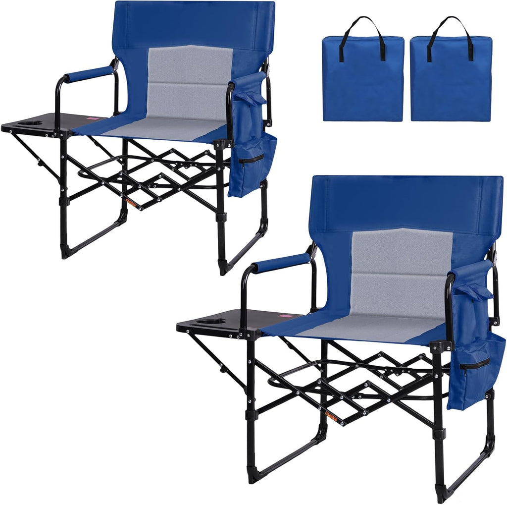 Romswi 2Pack Director Chairs for Outdoor, Folding Camping Chair, Compact Directors Chair Side Table and Side Bag, Heavy Duty Oversize Chair for Beach Fishing Picnic, Holds up to 400 lbs Blue