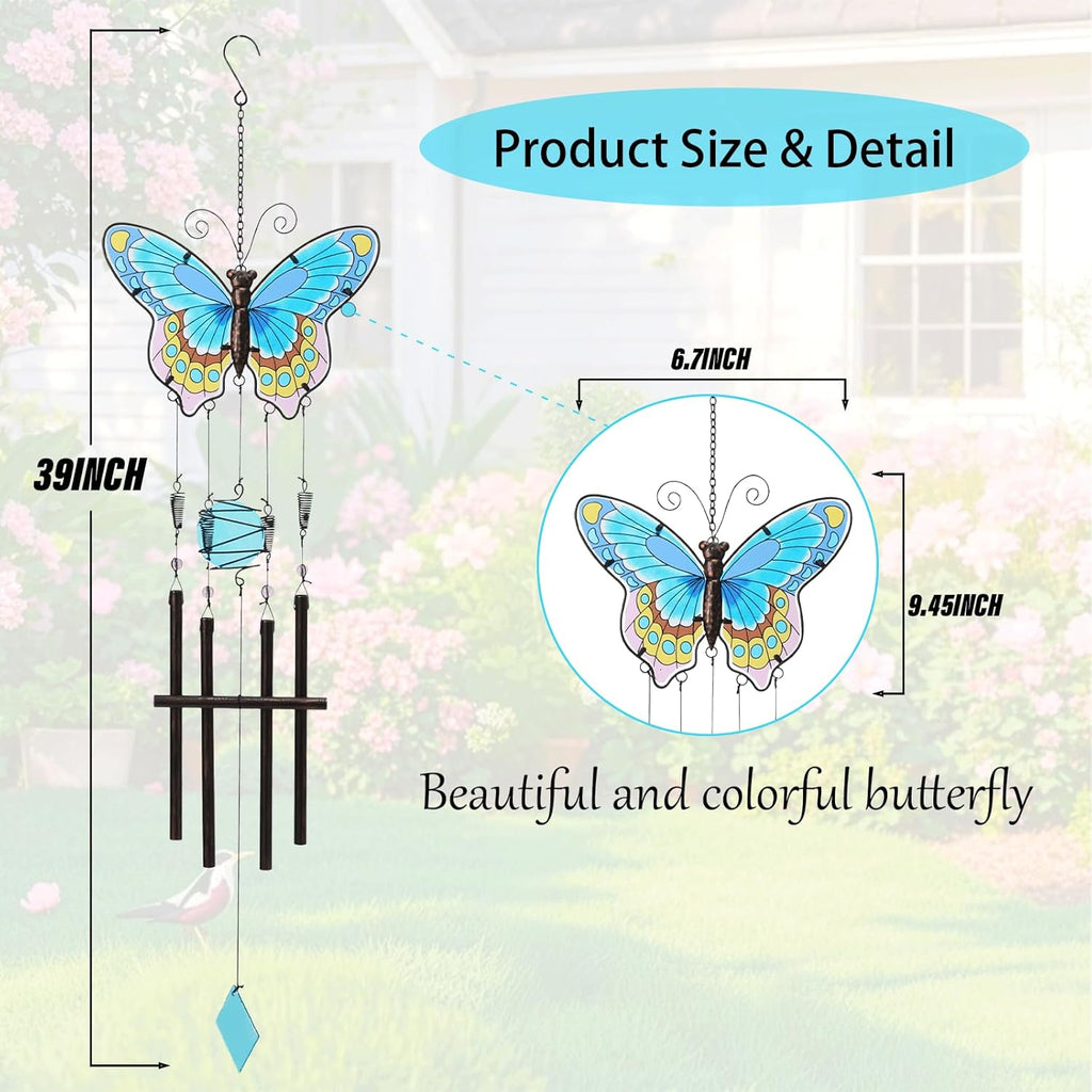 MUMTOP Butterfly Wind Chimes for Outside, Stained Glass Wind Chime Windchimes for Patio, Outdoor,Garden,Yard,Coastal,Window,Home Decor or Gifts for Women(Colorful)