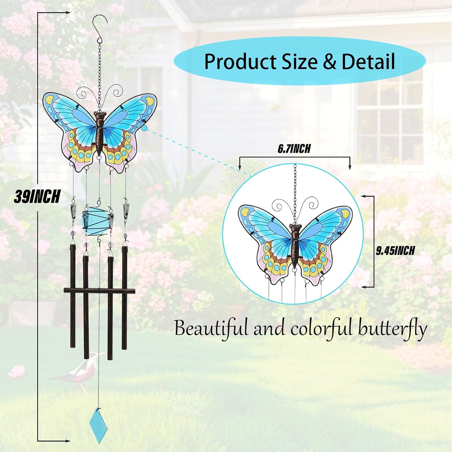 MUMTOP Butterfly Wind Chimes for Outside, Stained Glass Wind Chime Windchimes for Patio, Outdoor,Garden,Yard,Coastal,Window,Home Decor or Gifts for Women(Colorful)