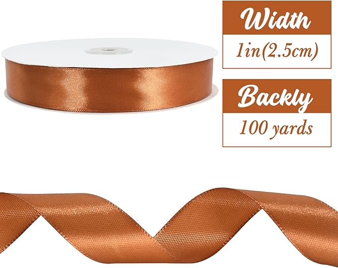TONIFUL 1 Inch x 100yds Copper Brown Satin Ribbon, Thin Solid Color Satin Ribbon for Gift Wrapping, Crafts, Hair Bows Making, Wedding Party Decoration, Invitation Cards, Floral Bouquets, Christmas