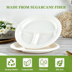 ECOLipak 150 Pack Compostable 3 Compartment Plates, Heavy-Duty Disposable Biodegradable Paper Plates, 8.85 inch Eco-Friendly Sugarcane Bagasse Divided Plates for Dinner