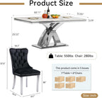 7 Piece Dining Table Set with Chairs, Faux Marble Dining Table and Black Chair Set for 6, White Silver Dining Room Table Set with X-Shape Stainless Steel Base, Morden Kitchen Table and Chairs for 6