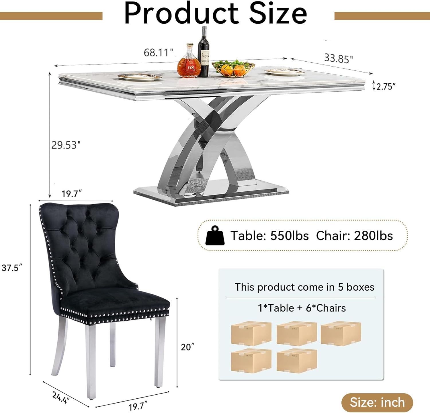 7 Piece Dining Table Set with Chairs, Faux Marble Dining Table and Black Chair Set for 6, White Silver Dining Room Table Set with X-Shape Stainless Steel Base, Morden Kitchen Table and Chairs for 6