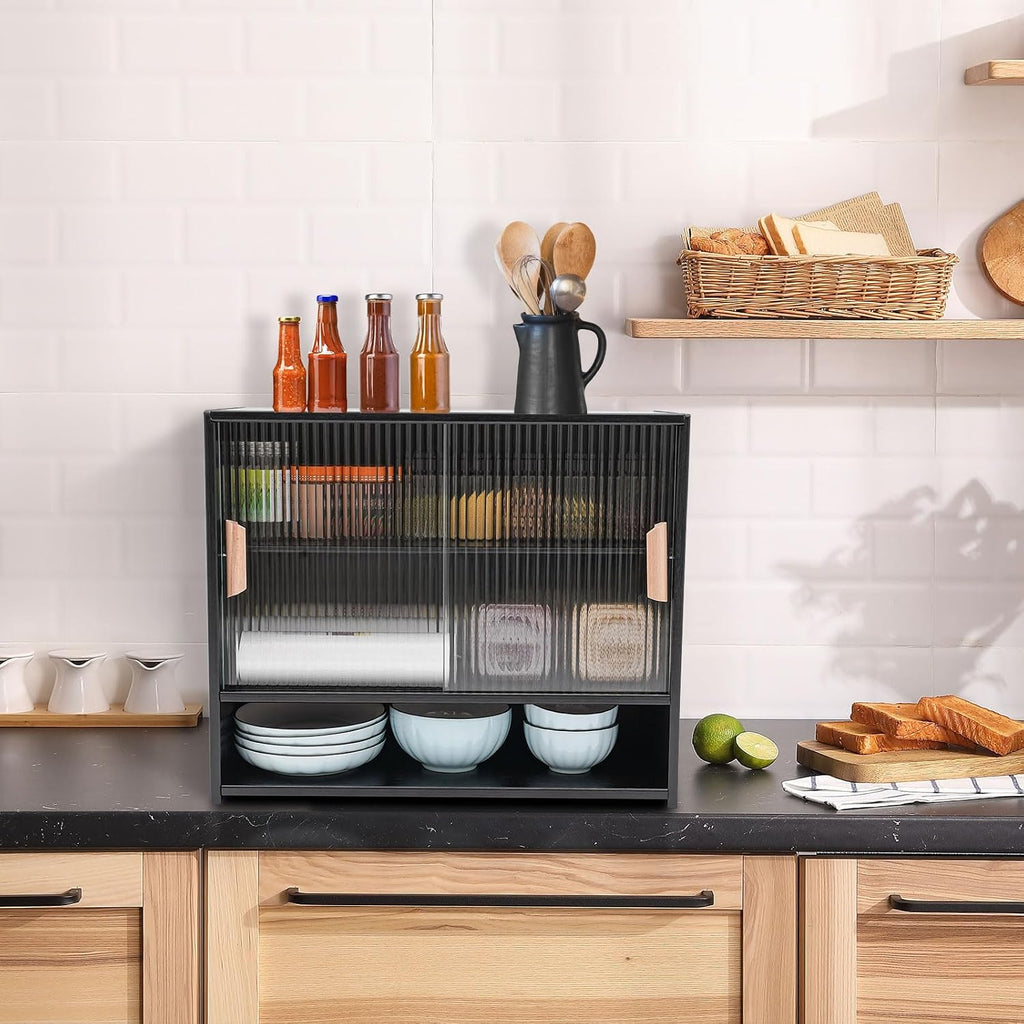 3 Tier Kitchen Pantry Storage Cabinet with with 2 Sliding Striped Glass Doors Console Dining Cupboard Modern Freestanding Bamboo Sideboard for Dining Room Kitchen Black (21.6x11x18.1inch)