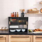 Countertop Storage Cabinet with 2 Sliding Striped Glass Doors, Freestanding Kitchen Bamboo Pantry Sideboard with Adjustable Shelf, Black Utility Cupboard for Home Bar, Coffee Bar