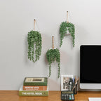 MyGift Artificial Faux String of Pearls Plants in White Ceramic Wall Hanging Planter Pot with Jute Rope, Set of 3