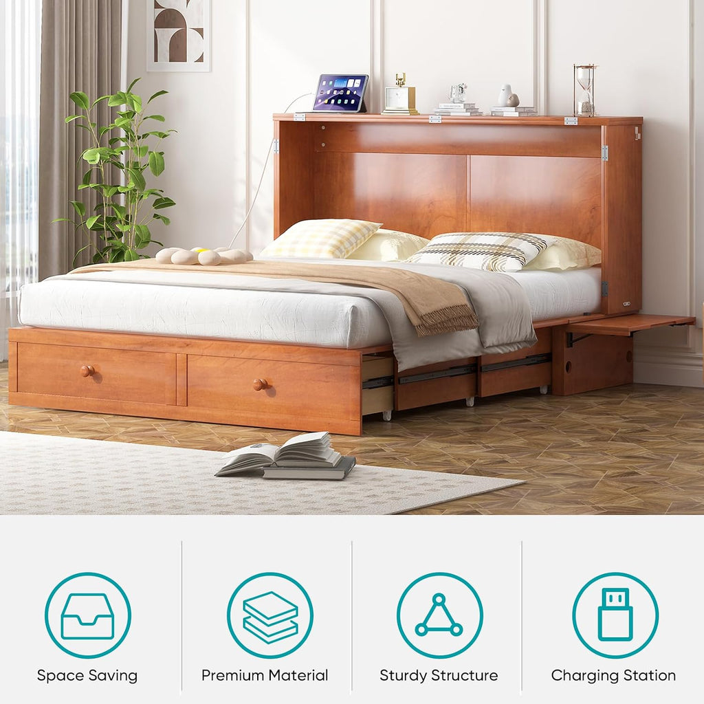 BALUS Murphy Bed Queen Size with Mattress, Queen Murphy Cabinet Bed-Cherry | Tri-Fold Mattress, USB Charing Station, Spacious Drawer, Space Saving, Queen Bed Frame