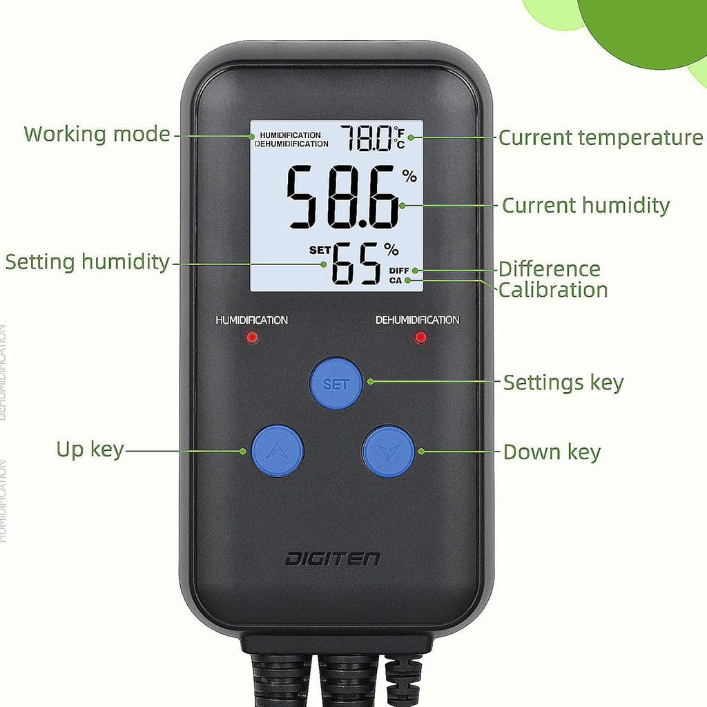 DIGITEN Humidity Controller Pre-Wired Digital Humidistat with Temperature Display, Dual-Stage Outlet Humidifier /Dehumidifier for Mushroom,Reptile, Greenhouse, Fan, Grow Tent
