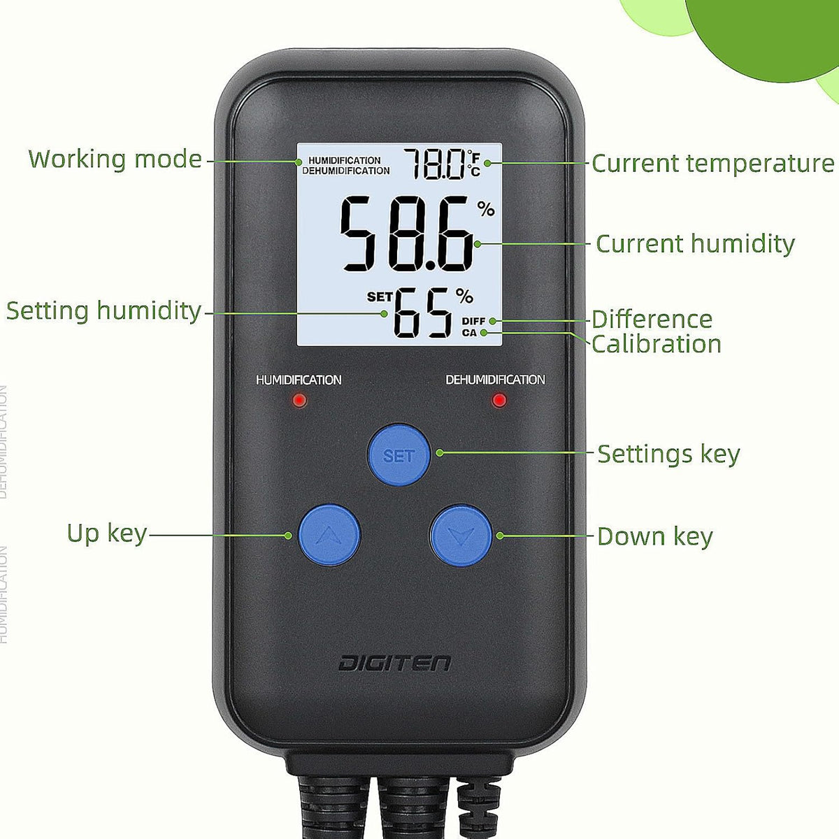 DIGITEN Humidity Controller Pre-Wired Digital Humidistat with Temperature Display, Dual-Stage Outlet Humidifier /Dehumidifier for Mushroom,Reptile, Greenhouse, Fan, Grow Tent