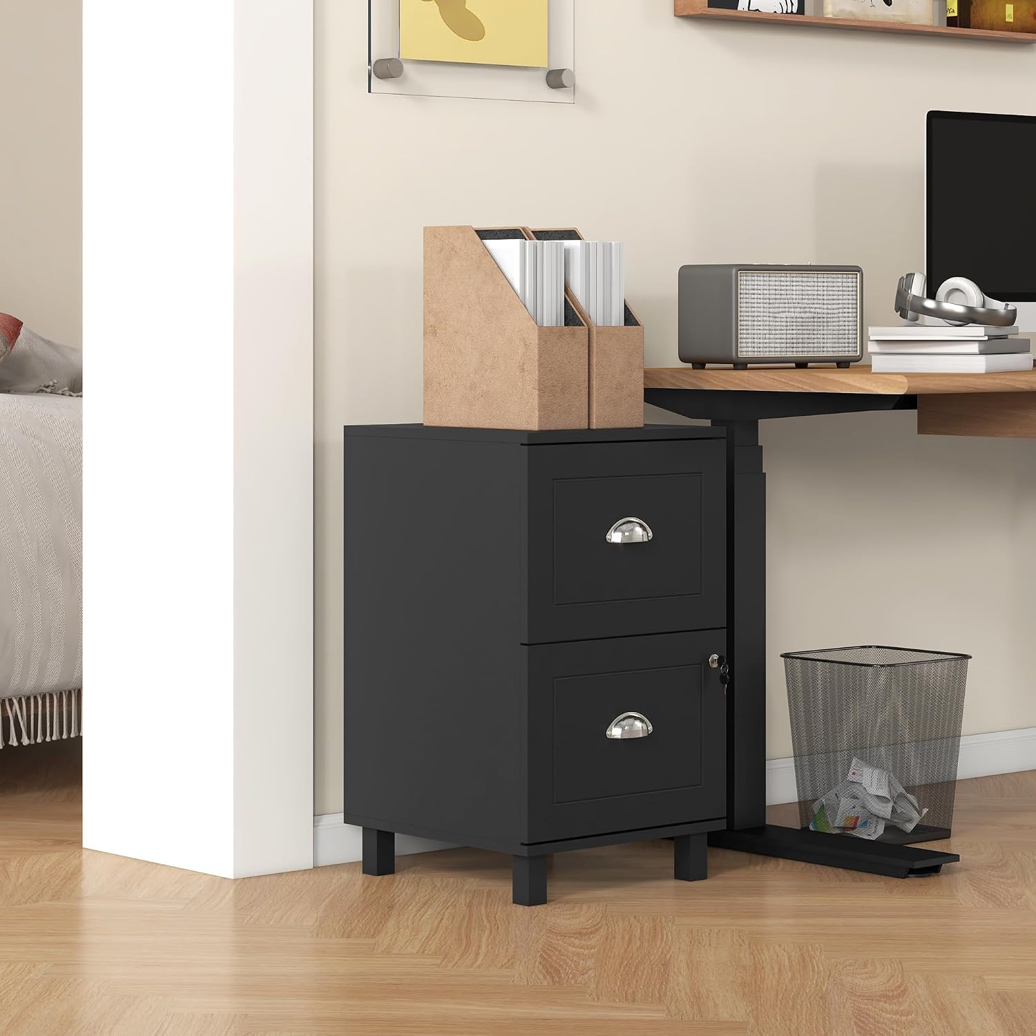 HOMCOM Vertical Filing Cabinet with 2 Drawers Lockable File Cabinet Black | Adjustable Hanging Bars, for A4 and Letter, for Home Office