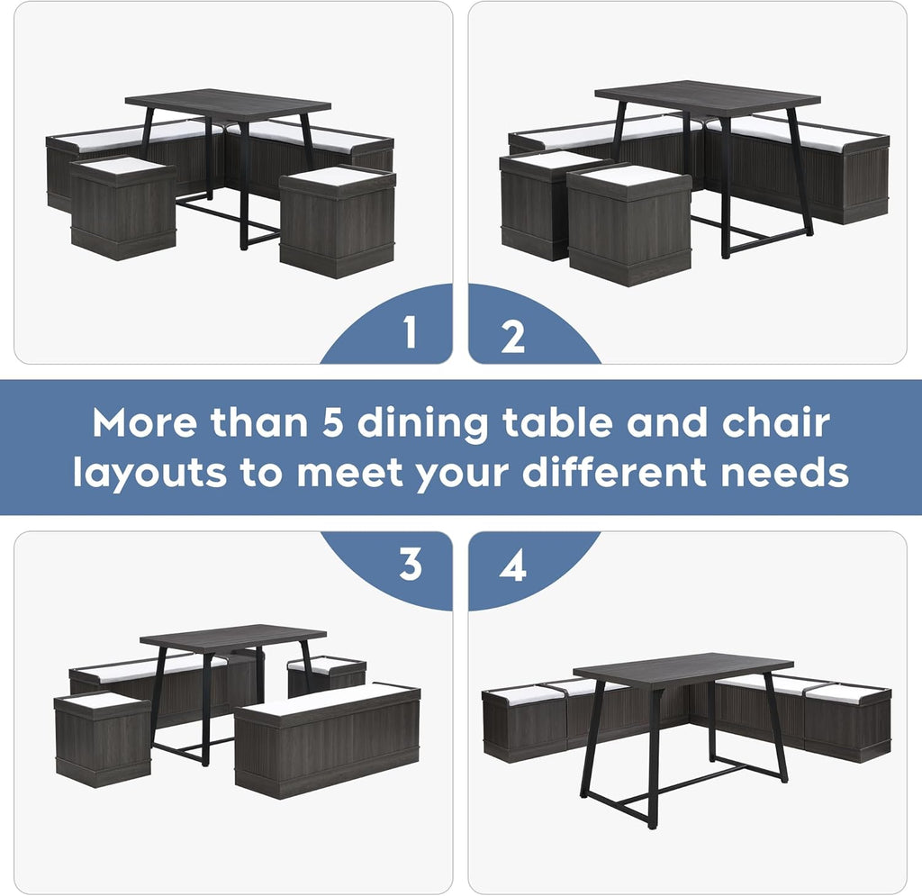 Brafab Corner Dining Table Set, 43 Inch Breakfast Nook Table Set with Bench with Hidden Storage & 2 Ottomans, 5-Piece Corner Bench Dining Table Set, Brown