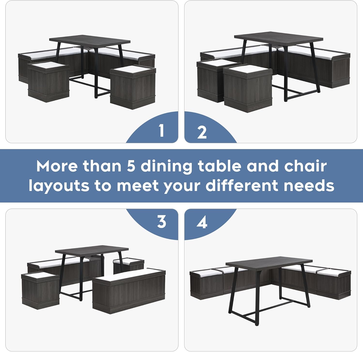 Brafab Corner Dining Table Set, 43 Inch Breakfast Nook Table Set with Bench with Hidden Storage & 2 Ottomans, 5-Piece Corner Bench Dining Table Set, Brown