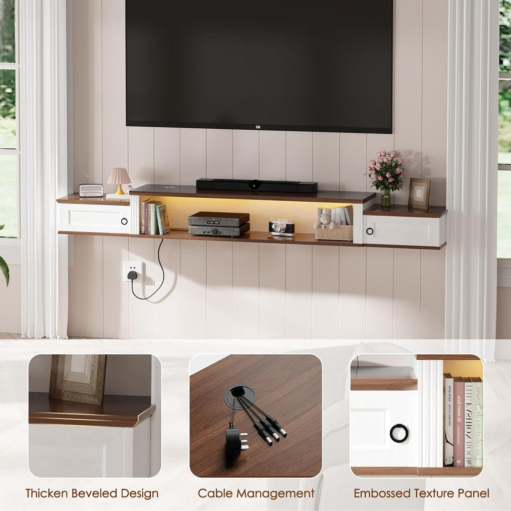 Farmhouse Floating TV Stand for 80" TVs, with LED Light & Outlet | 70" Modern Wood Floating TV Shelf, Minimalist TV Stand Wall Mounted for Living Room, Walnut + Antique White