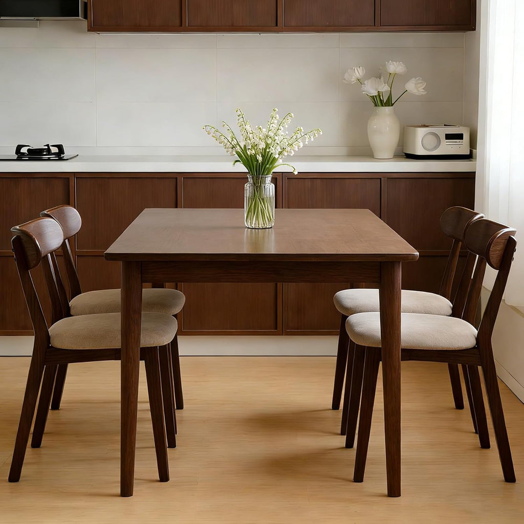 Mid Century Modern Walnut Dining Chairs Set of 4, FAS-Grade Oak, 400 lbs | Heavy-Duty Commercial Grade, Armless, Solid Curved Back, Smoked Brown Upholstered Seat, for Kitchen, Dining Room, Restaurant