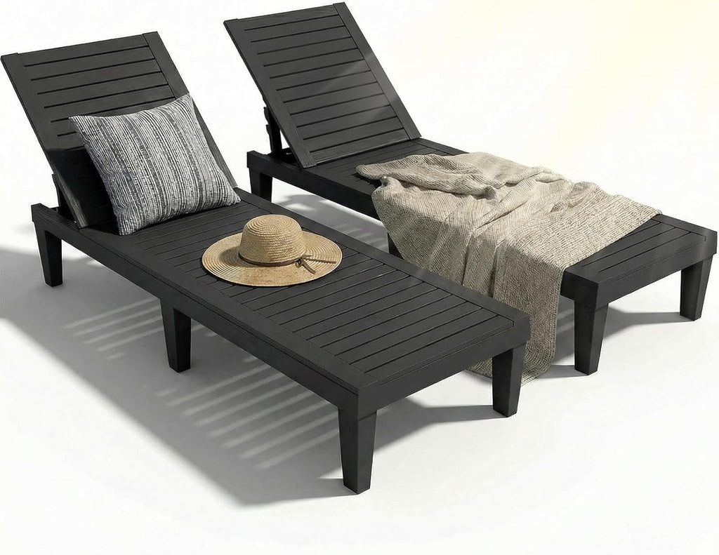 Lounge Chair Outdoor,Set of 2 All-Weather UV-Resistant & Waterproof Patio Lounge Chairs,High-Impact PP 5 Position Adjustable Tanning Chair,Heavy Duty Pool Lounge Chairs Great for Pool & Yard,Black