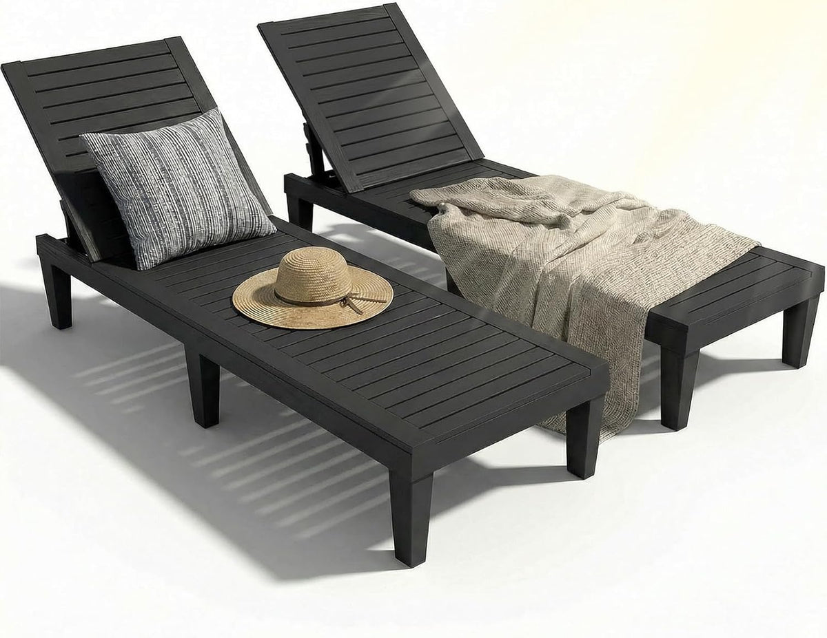 Lounge Chair Outdoor,Set of 2 All-Weather UV-Resistant & Waterproof Patio Lounge Chairs,High-Impact PP 5 Position Adjustable Tanning Chair,Heavy Duty Pool Lounge Chairs Great for Pool & Yard,Black