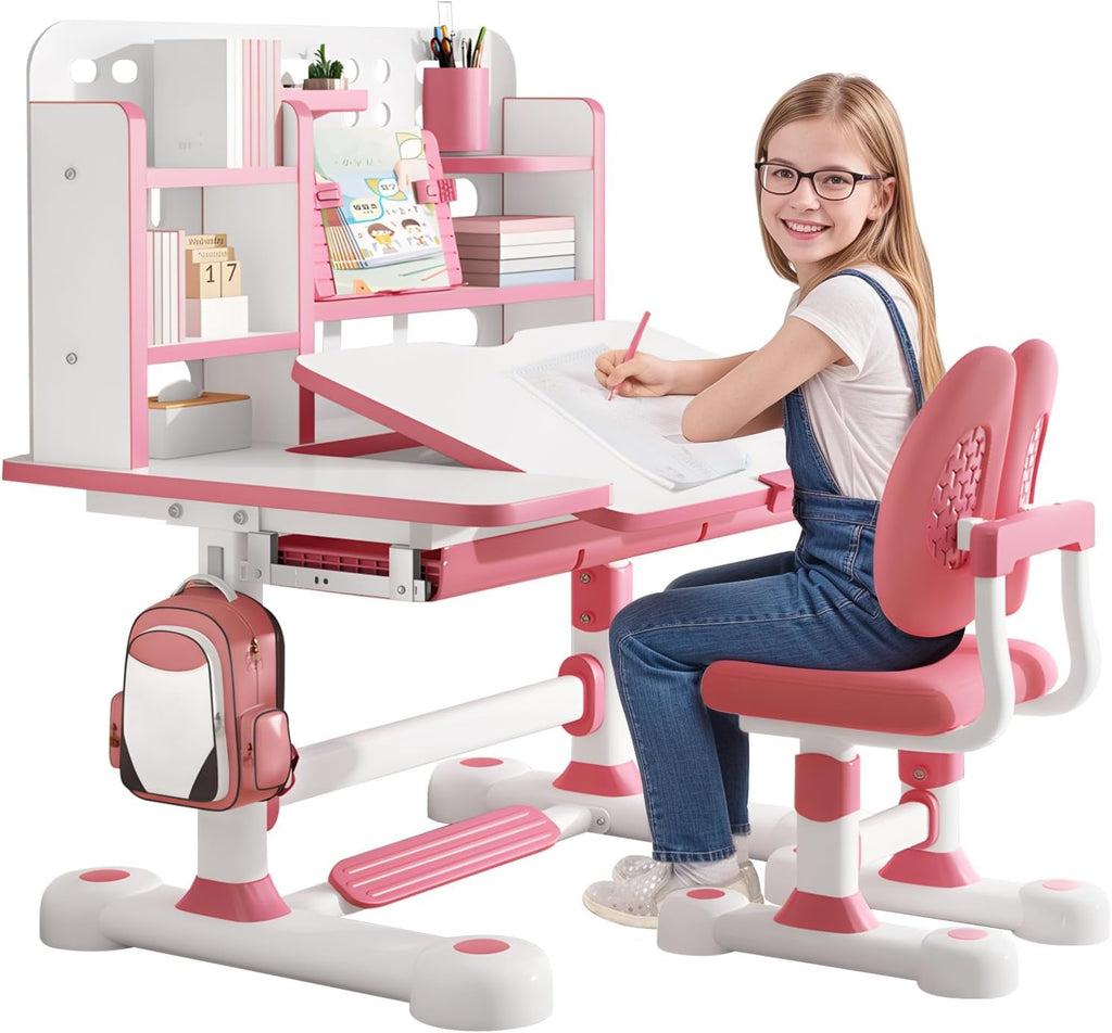 Kids Desk and Chair Set, Height Adjustable Kids Study Desk with Bookshelf and Storage Drawer, 50 Degree Tiltable Desktop Children’s Table and Chairs for Bedroom Study Room Pink