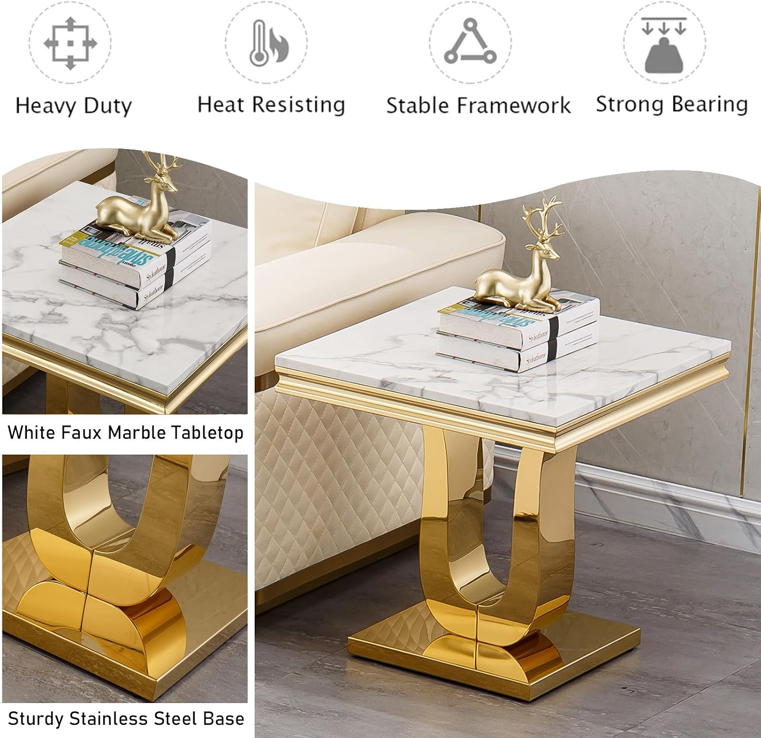 23'' Faux Marble End Table with High-Gloss U Base, Rectangular Marble Top Sofa Side Table for Living Room Office, Modern White Gold Accent Table with Stainless Steel Frame