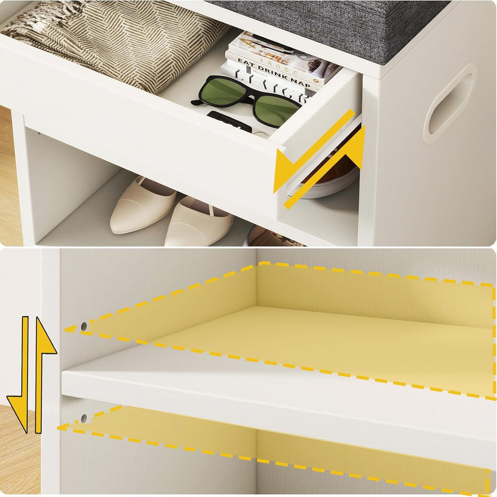 YMYNY Small Shoe Storage Bench with Cushion and Drawer, 2 Tier Adjustable Entryway Bench with Storage, Wooden Shoe Rack Bench for Entryway, Living Room, Hallway, Closet, Bedroom, White, HSC002W