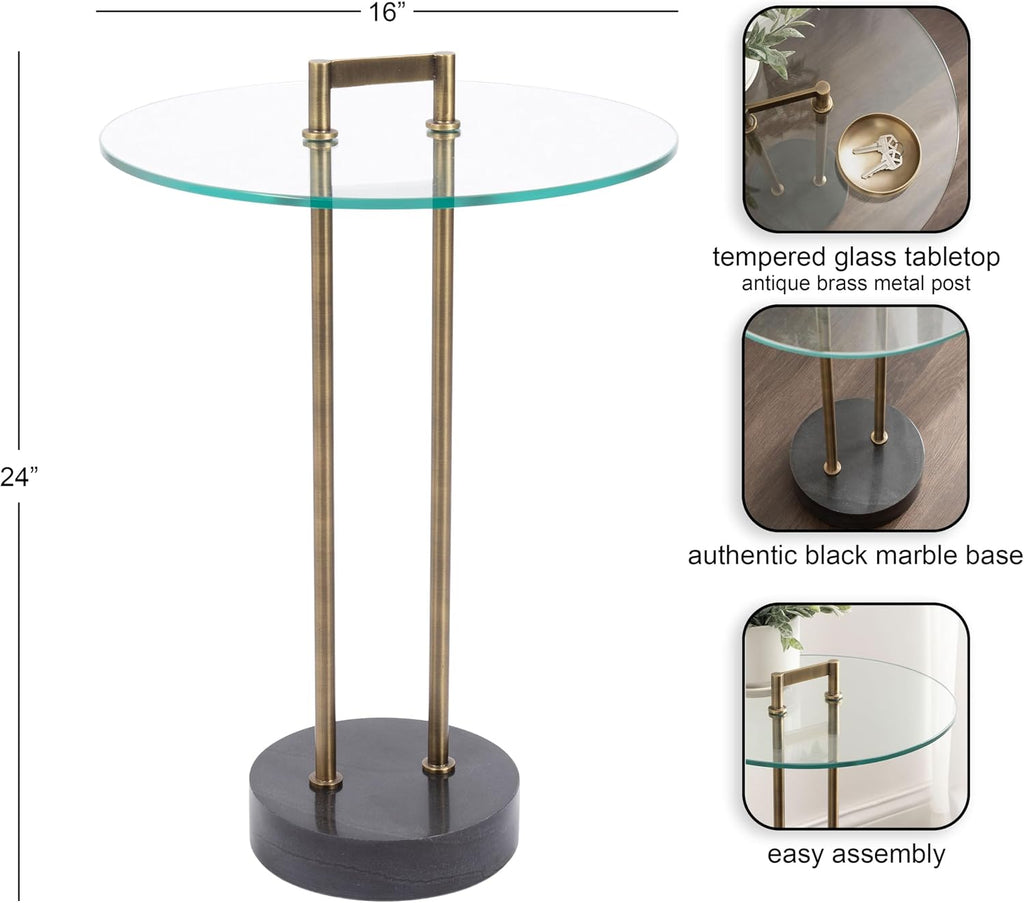Kate and Laurel Cerullo Modern Round Glass Side Table with Marble Base, 16 x 16 x 24, Antique Brass and Black Marble, Glam Circle End Table for Use as Indoor Plant Stand or Bedroom Nightstand