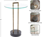 Kate and Laurel Cerullo Modern Round Glass Side Table with Marble Base, 16 x 16 x 24, Antique Brass and Black Marble, Glam Circle End Table for Use as Indoor Plant Stand or Bedroom Nightstand