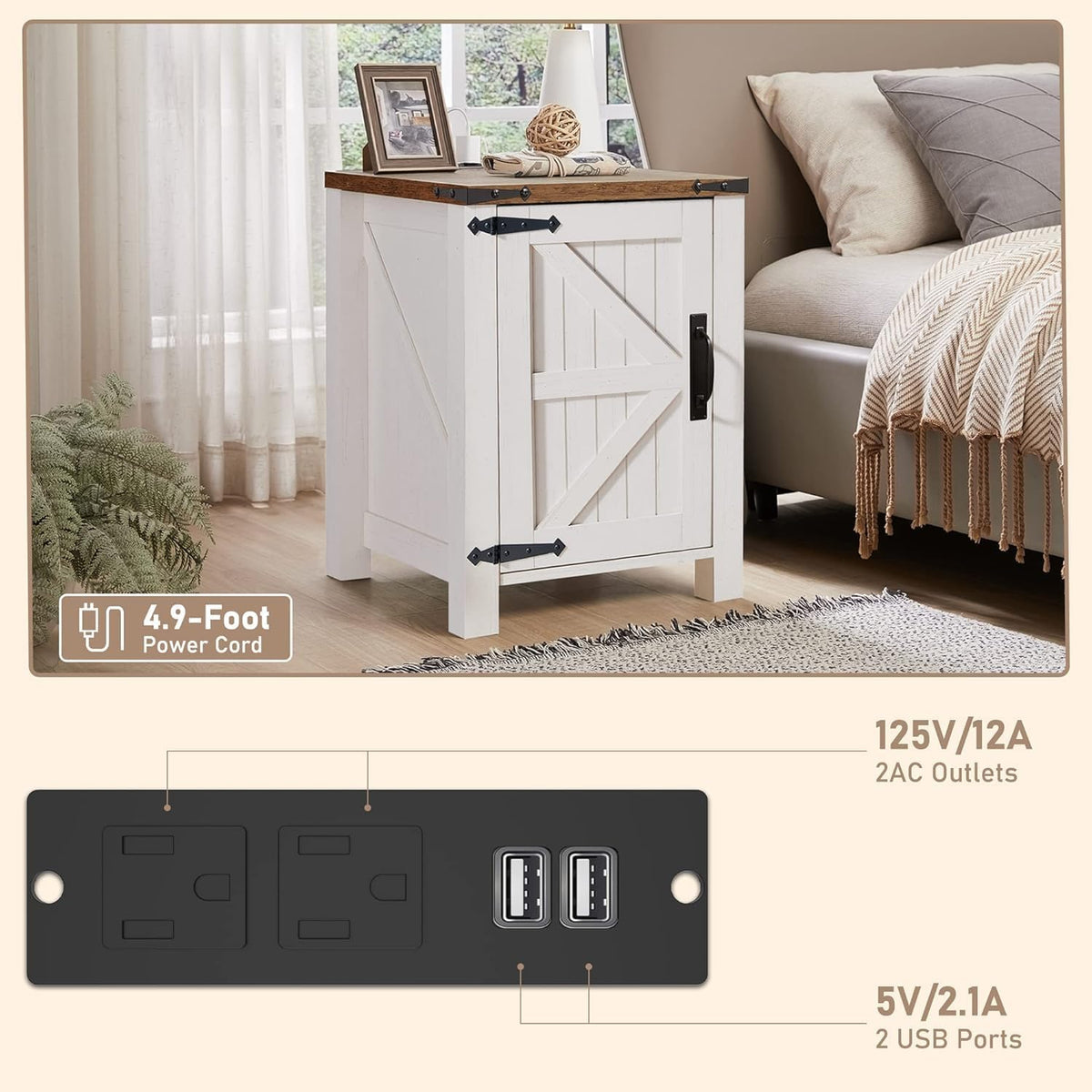 OKD Farmhouse Nightstand Set of 2 with Charging Station, 18 Inch Rustic End Table with Barn Door Cabinet, Adjustable Storage Shelf, Wood Sofa Side Table for Living Room, Bedroom, Antique White