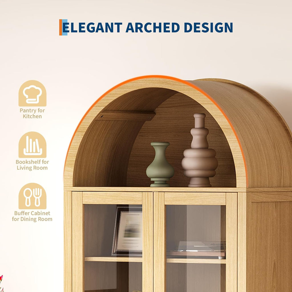 71" Display Arched Storage Cabinet, Kitchen Pantry with Tempered Glass Doors, 2 Large Drawers and Adjustable Shelves, Arched Bookshelf Cabinet for Dining Room Kitchen Office- Natural