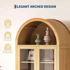 71" Display Arched Storage Cabinet, Kitchen Pantry with Tempered Glass Doors, 2 Large Drawers and Adjustable Shelves, Arched Bookshelf Cabinet for Dining Room Kitchen Office- Natural