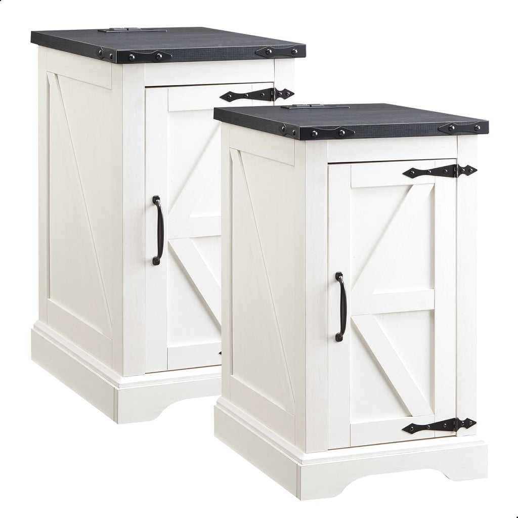 JXQTLINGMU Farmhouse Nightstand Set of 2 with Charging Station, 17" D Rectangular End Table with Barn Door & Adjustable Storage Shelf, Wood Rustic Sofa Side Table for Living Room, Bedroom, White
