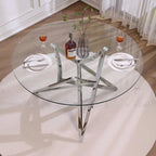 Glass Round Dining Table, 47.2" Modern Round Table with Silver Mirrored Geometric Legs, Gorgeous Clear Circle Table for Kitchen Dining Room, Apartment, Small Spaces