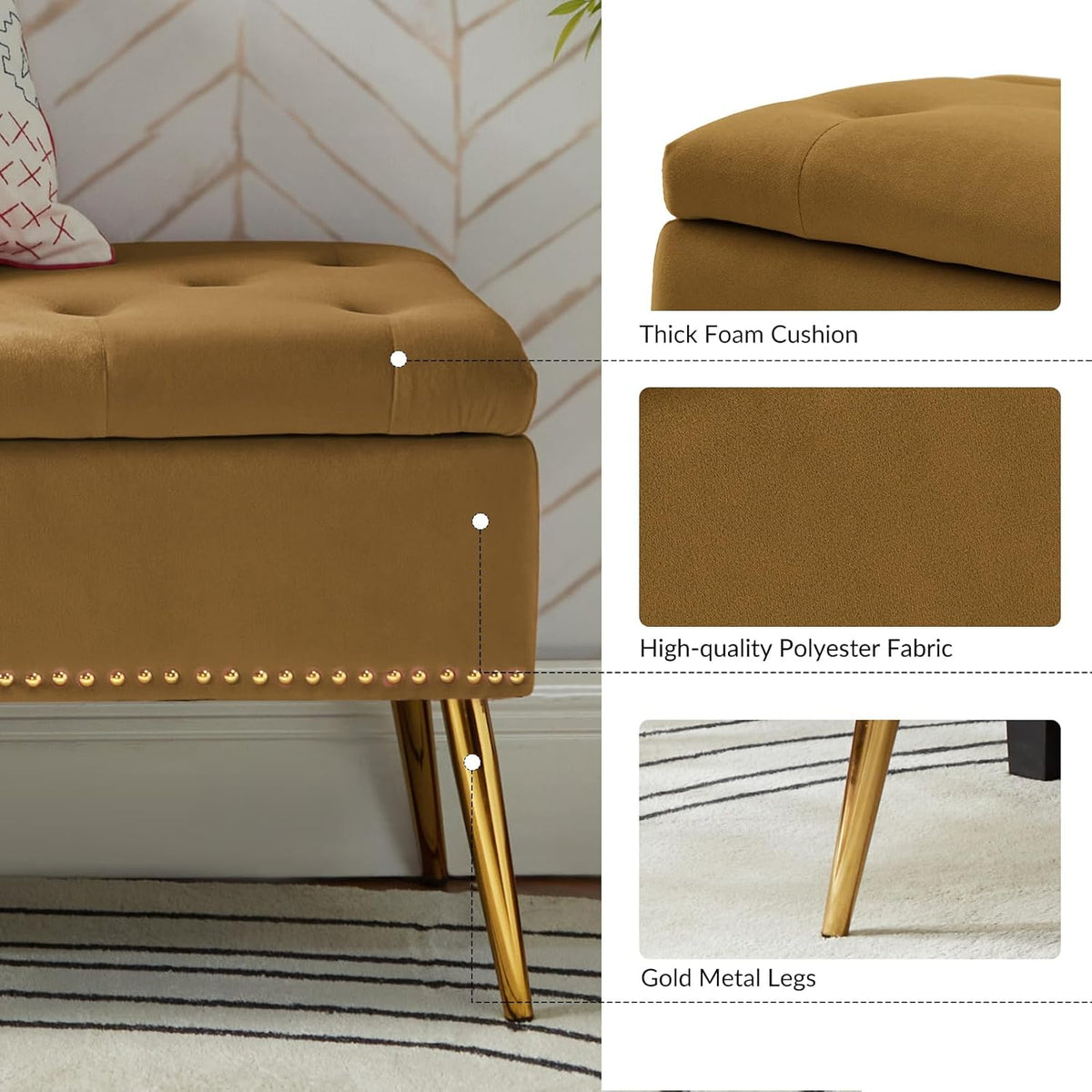 HULALA HOME Modern Velvet Storage Ottoman Bench with Gold Base & Nailhead Trim, Upholstered Bedroom Bench for End of Bed, Button-Tufted Footstool for Entryway Living Room Dining Room, Golden