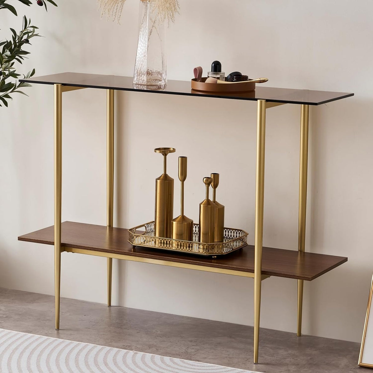 LumFurn Glass Console Table for Living Room, Foyer & Entrance, 2-Tiers Mid-Century Modern Sofa Table with Amber Glass Top, Walnut Finish Wood Shelf and Gold Finish Frame