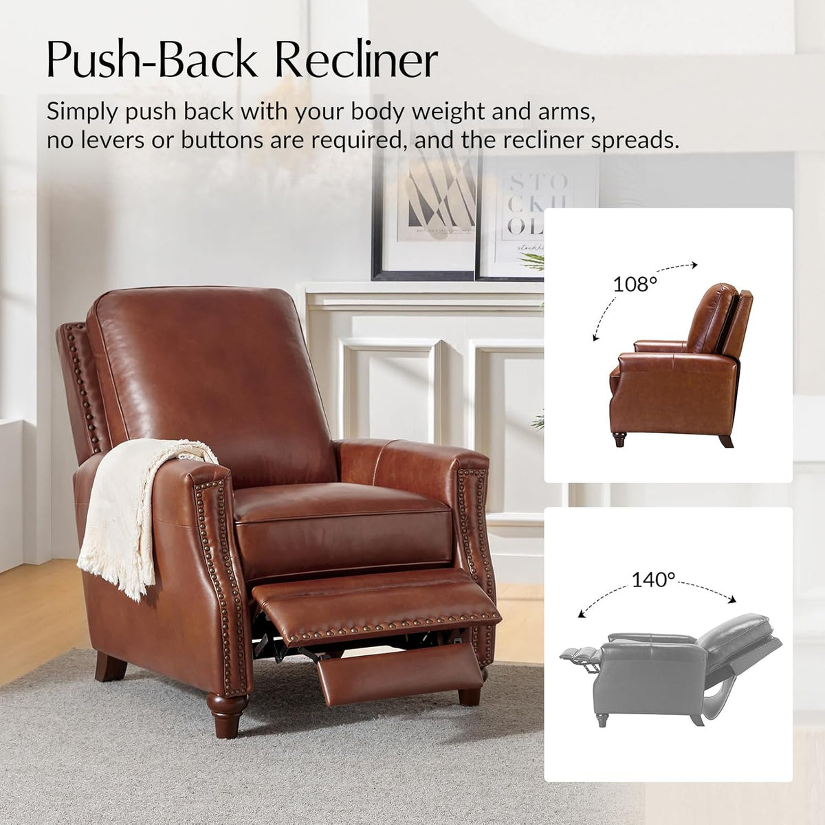 HULALA HOME Genuine Leather Manual Recliner Chairs Set of 2 with Adjustable Backrest & Footrest, Mid Century Modern Push Back Recliners with Nailhead Trim & Wood Legs, Brown