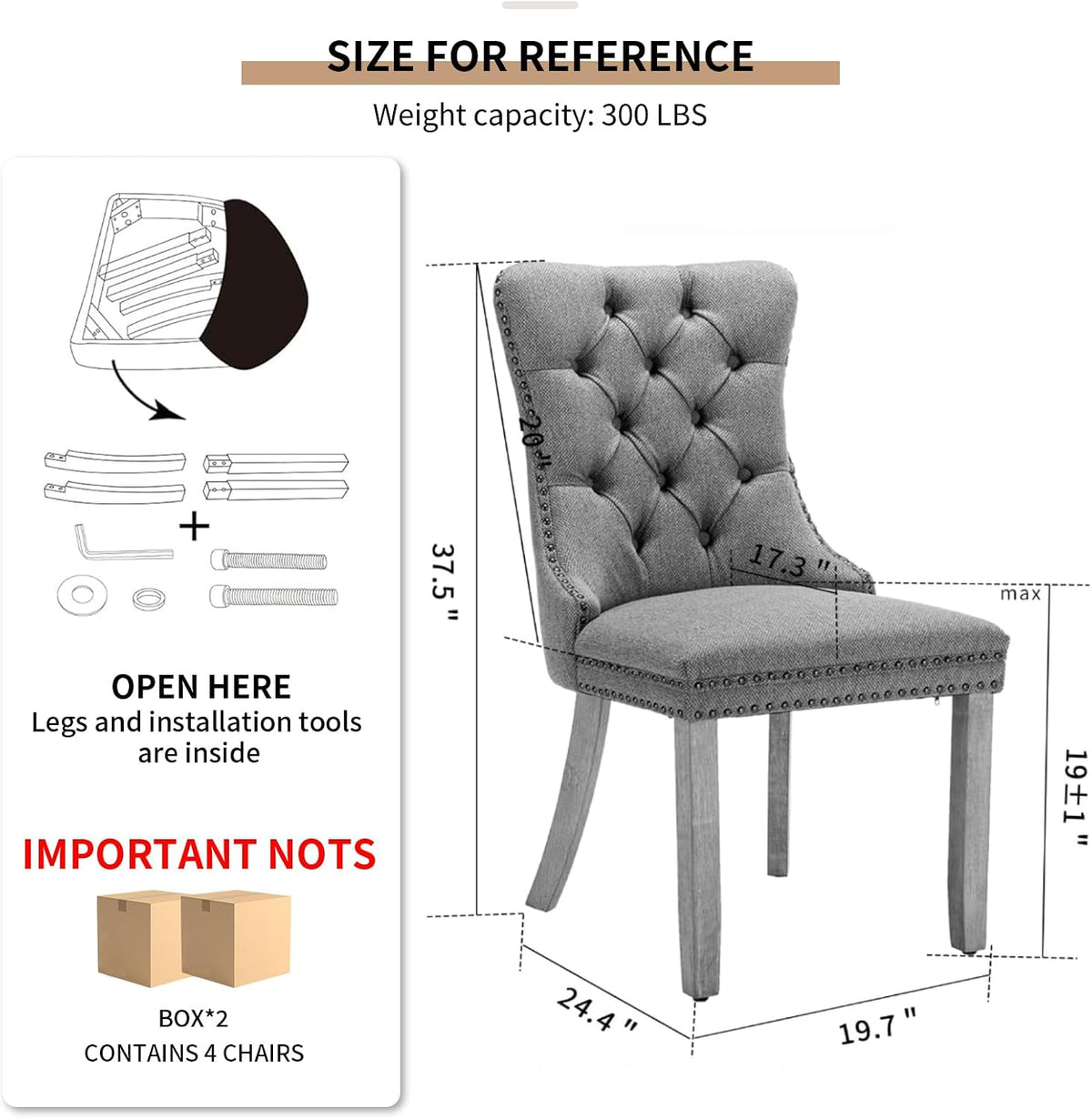 Grey Mid Century Modern Dining Chairs Set of 4, Linen Upholstered Kitchen & Dining Room Chairs with Nailhead Trim & Solid Wood Legs, Elegant Sillas De Comedor (Grey, 4 Pcs)