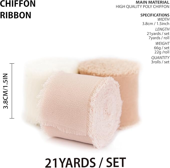 Vitalizart Pink Handmade Chiffon Silk Ribbon Fringe 1.5" x 21 Yd Blush Pink & White Frayed Edges Ribbons for Wedding Invitations Bridal Bouquets Gifts Wrapping Crafts Holiday Party Decorations