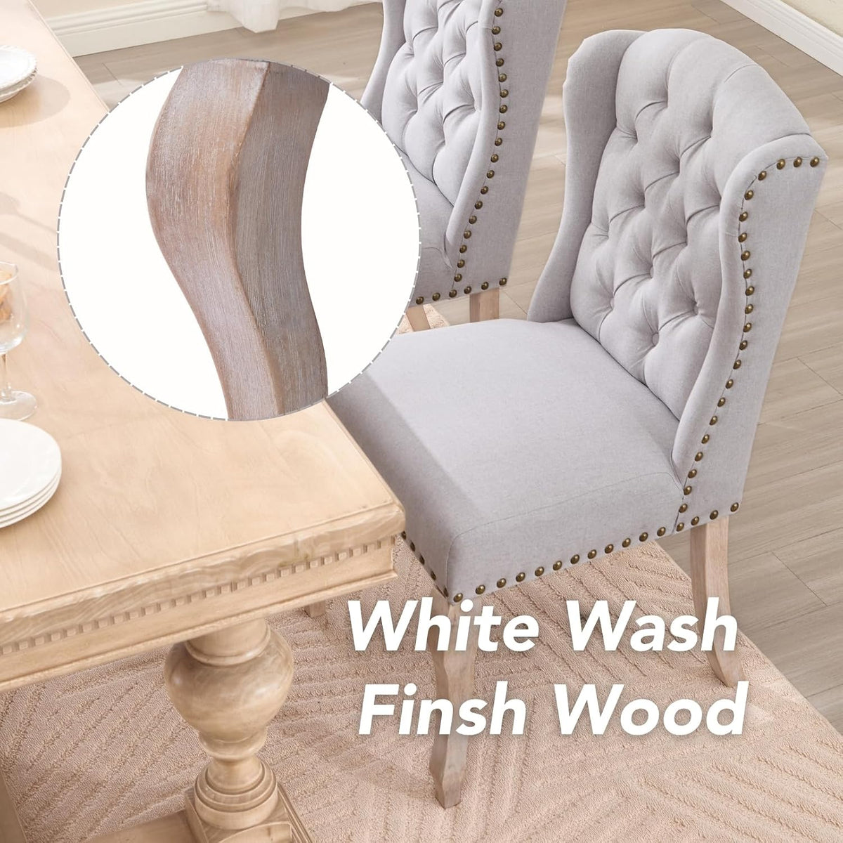 chairus Tufted Upholstered Parsons Dining Chairs Set of 6, Grey Linen | Linen Upholstery, Tufted Wingback, Solid Wood Legs, Nailhead Trim, High Back, French Country Kitchen Chairs for Dining Space