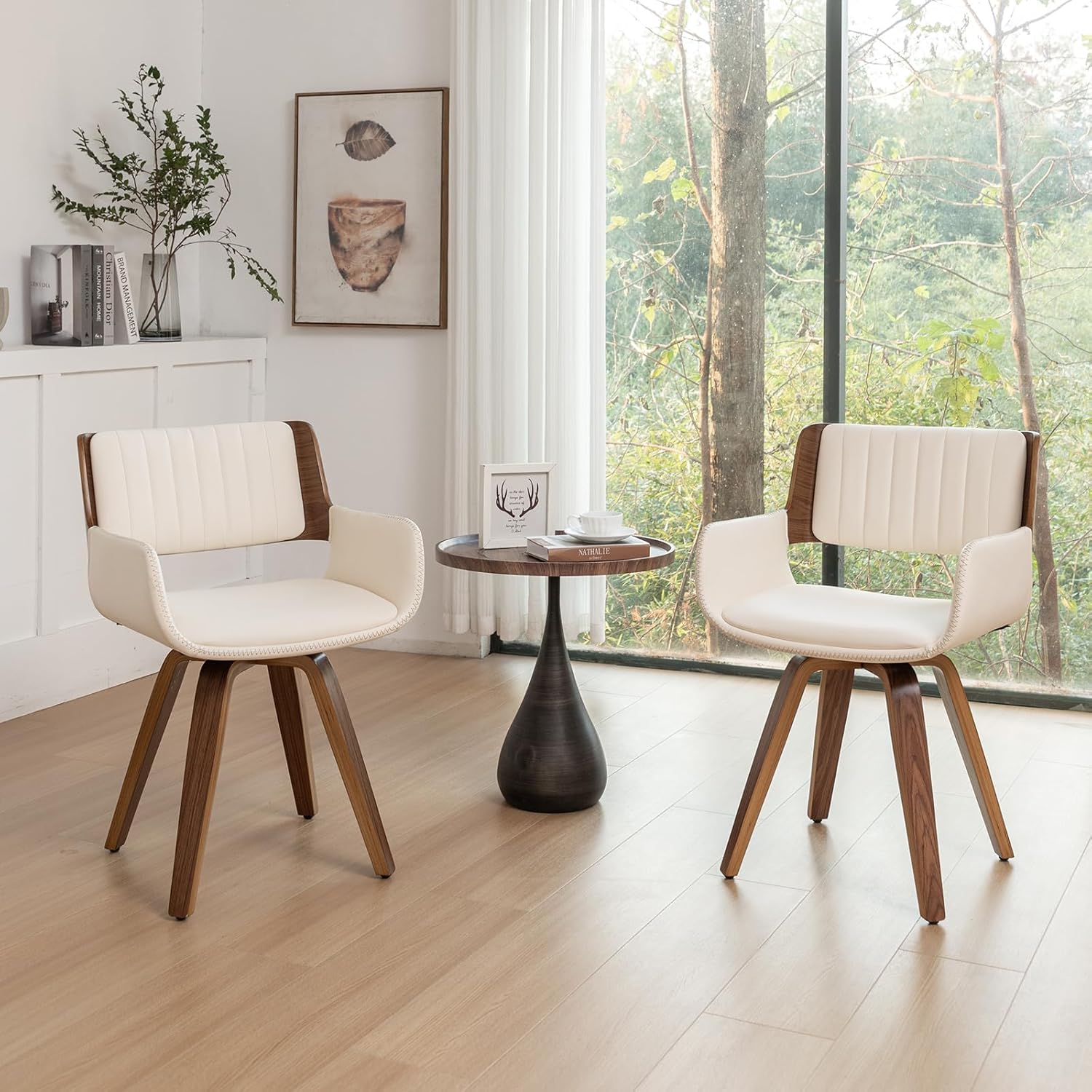 LUNLING Swivel Accent Faux Leather Dining Chairs Set of 2 Mid Century Modern Chairs with Wooden Legs/Armrest/Upholstered Seat/Adjustable Foots for Kitchen Dining Room Desk Chairs Beige PU