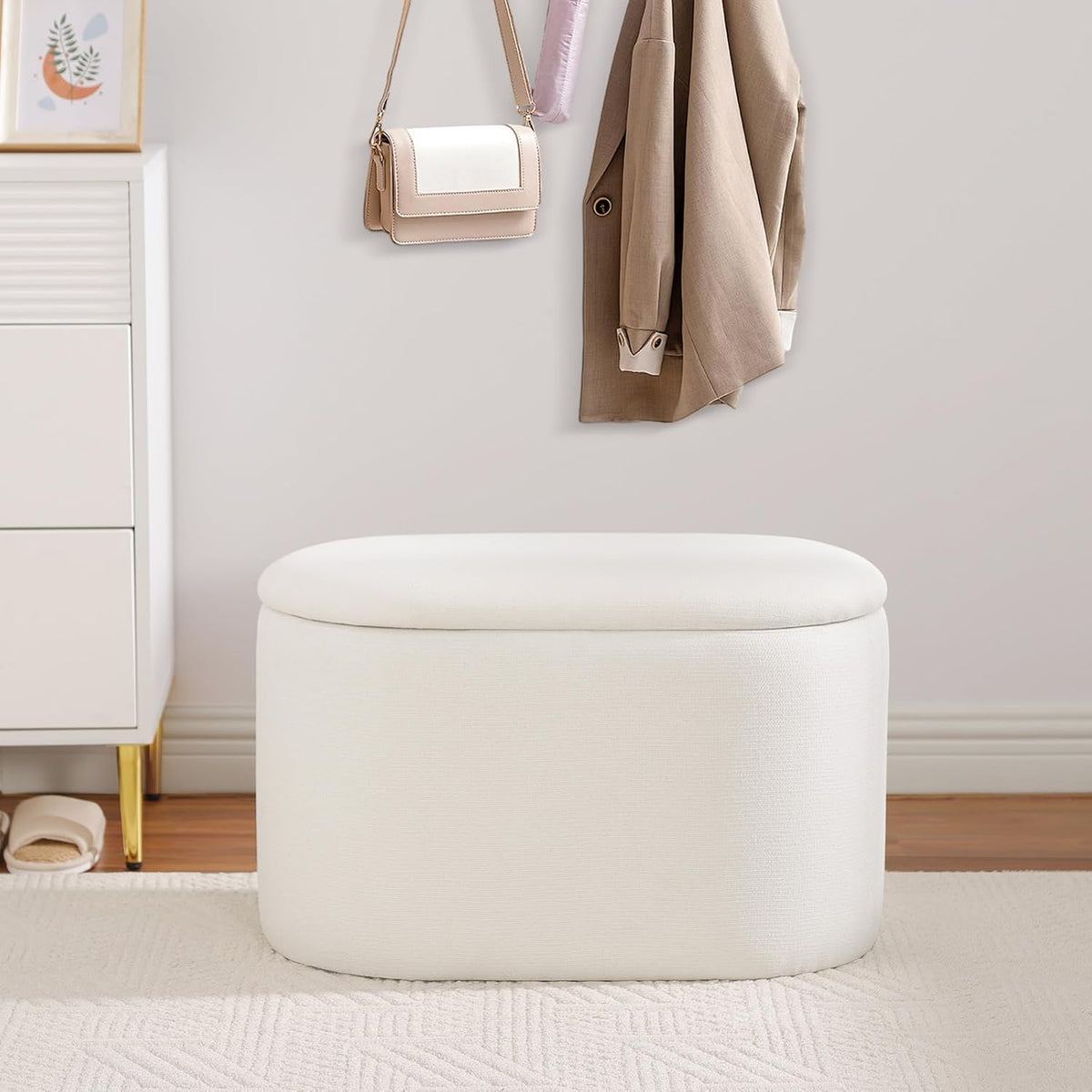Oval Ottoman with Storage for Living Room, Modern Linen Fabric Foot Stools Ottoman, Upholstered Vanity Stool Foot Rest, Small White Storage Bench for Bedroom, Entryway, Dorm