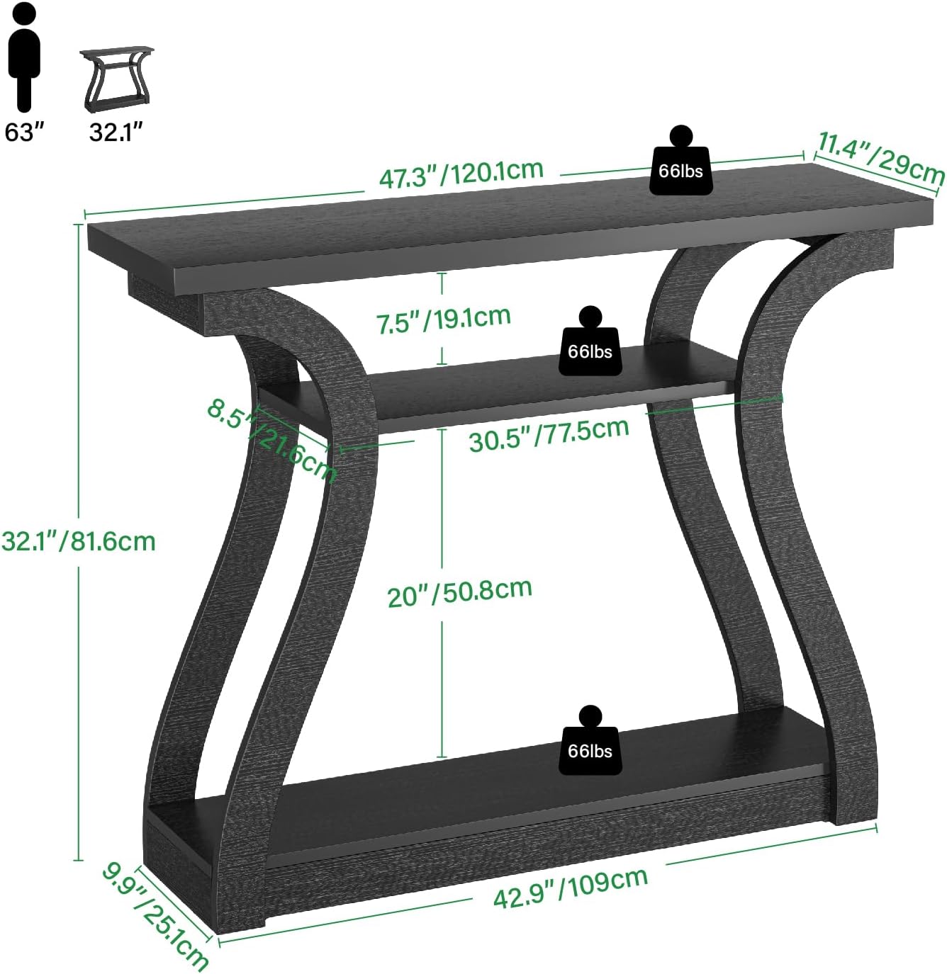 Wood Console Table, 3-Tier Accent Sofa Table (Black)