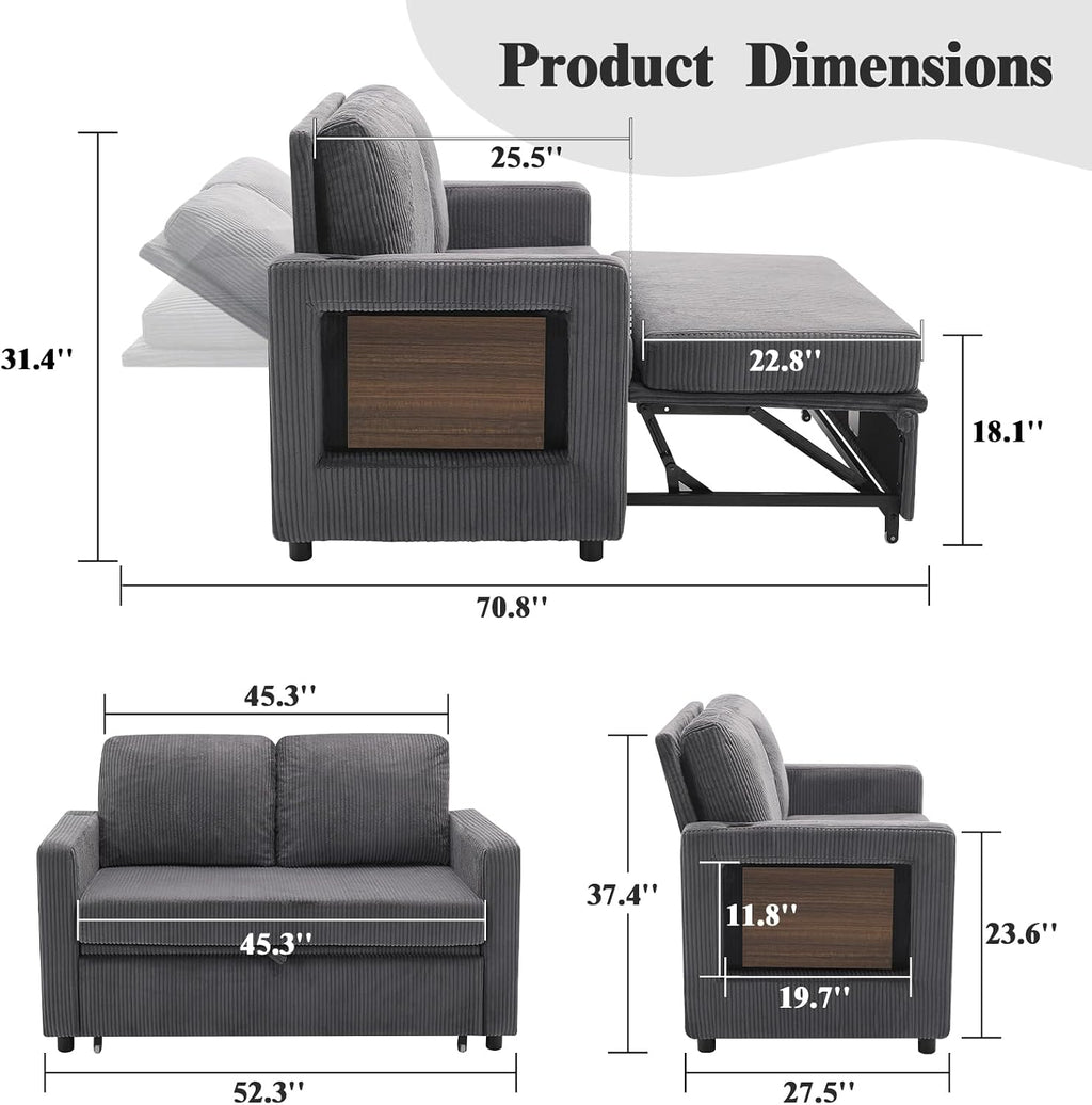 3 in 1 Convertible Sofa Bed, Pull Out Couch with Dual USB and Type C Ports, Chenille Fabric Loveseat Sleeper Sofa Bed, Sofa Bed with Foldable Side Table for Living Room Home Office Apartment
