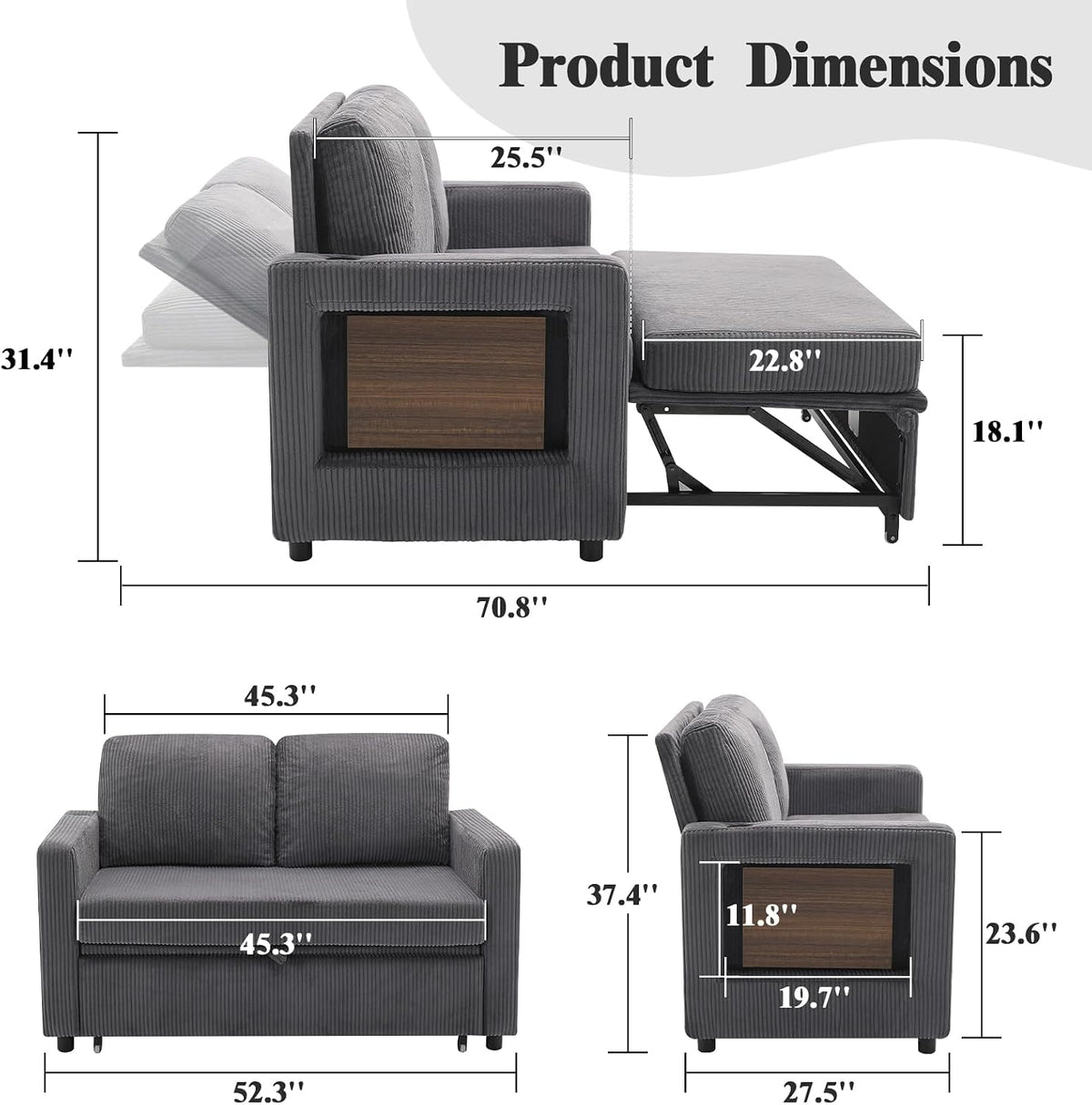 3 in 1 Convertible Sofa Bed, Pull Out Couch with Dual USB and Type C Ports, Chenille Fabric Loveseat Sleeper Sofa Bed, Sofa Bed with Foldable Side Table for Living Room Home Office Apartment