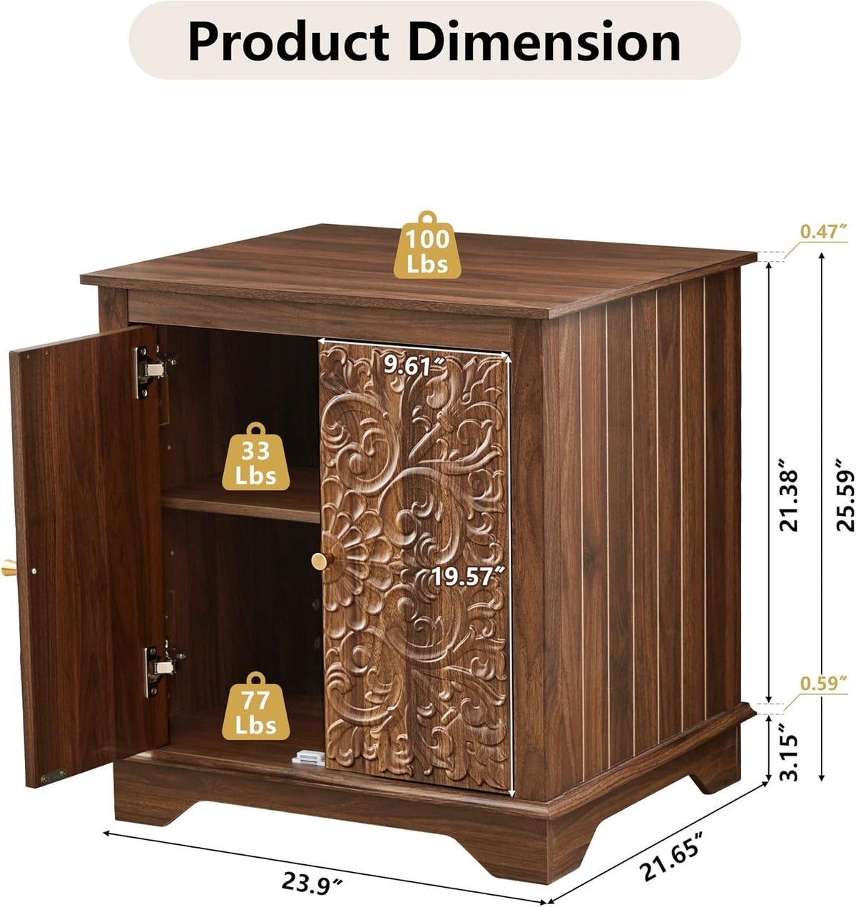 weselon Farmhouse End Table with Carved Floral Door, 24" Wide Nightstand with Adjustable Shelf, Wooden Square Sofa Side Table Storage Table for Living Room Bedroom (Walnut)