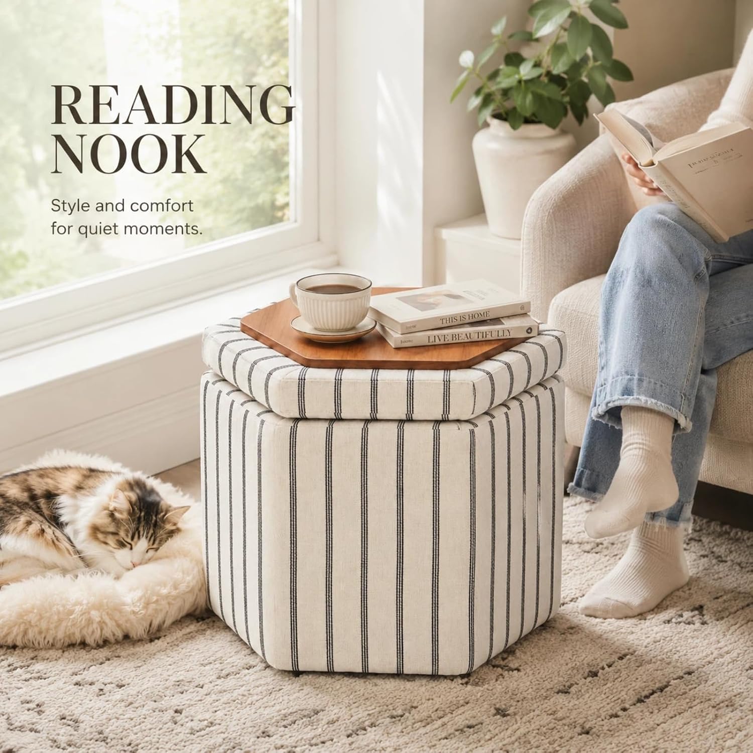 Wimarsbon 18inch Storage Ottoman with Detachable Tray, Multifunctional Mid Century Large Capacity Oversized Striped Boho Unique Linen Ottomans (Hexagon)