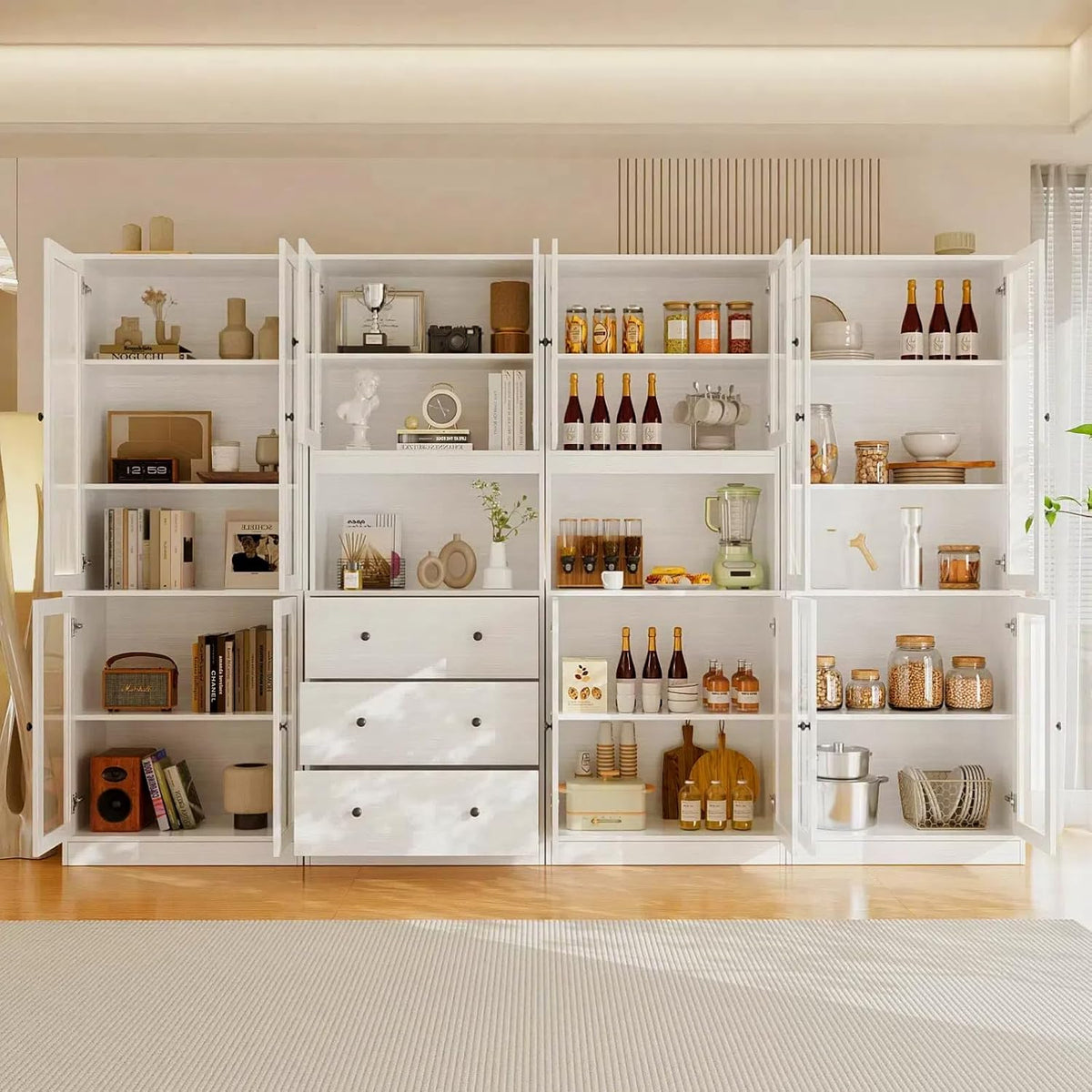 TUSY 71'' Tall Pantry Cabinet, Kitchen Hutch Storage Cabinet, Buffet Hutch Set of 3, China Cabinet with Glass Doors, 5-Tier Storage Cabinets for Dining Room, Living Room (White)