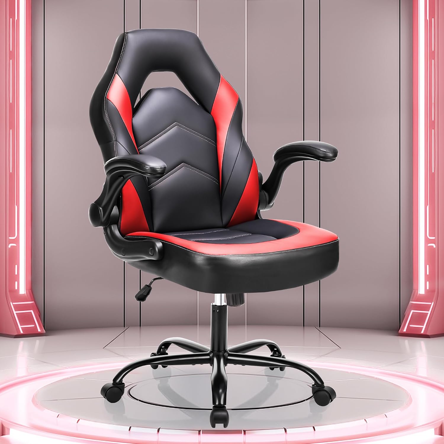 OLIXIS Computer Gaming Chair, Lumbar Support, Video Game | PU Leather, Flip-up Armrests, Adjustable Height, 360° Swivel Wheels, Ergonomic Home Office Desk, Black and Red