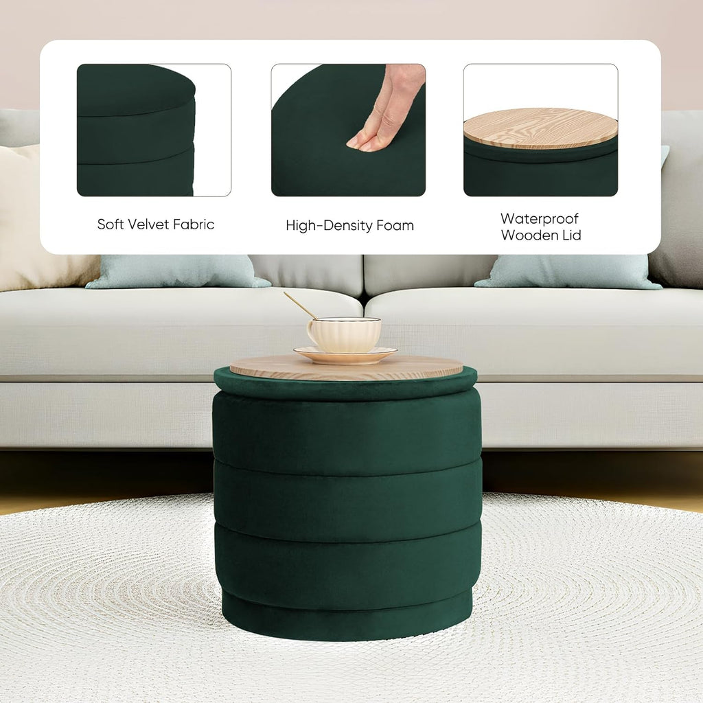 15.4" Round Velvet Storage Ottoman with Reversible Lid, Upholstered Circular Ottoman Footrest with Hidden Storage, Foldable Padded Footstool for Dorm Living Room & Bedroom, Bottle Green