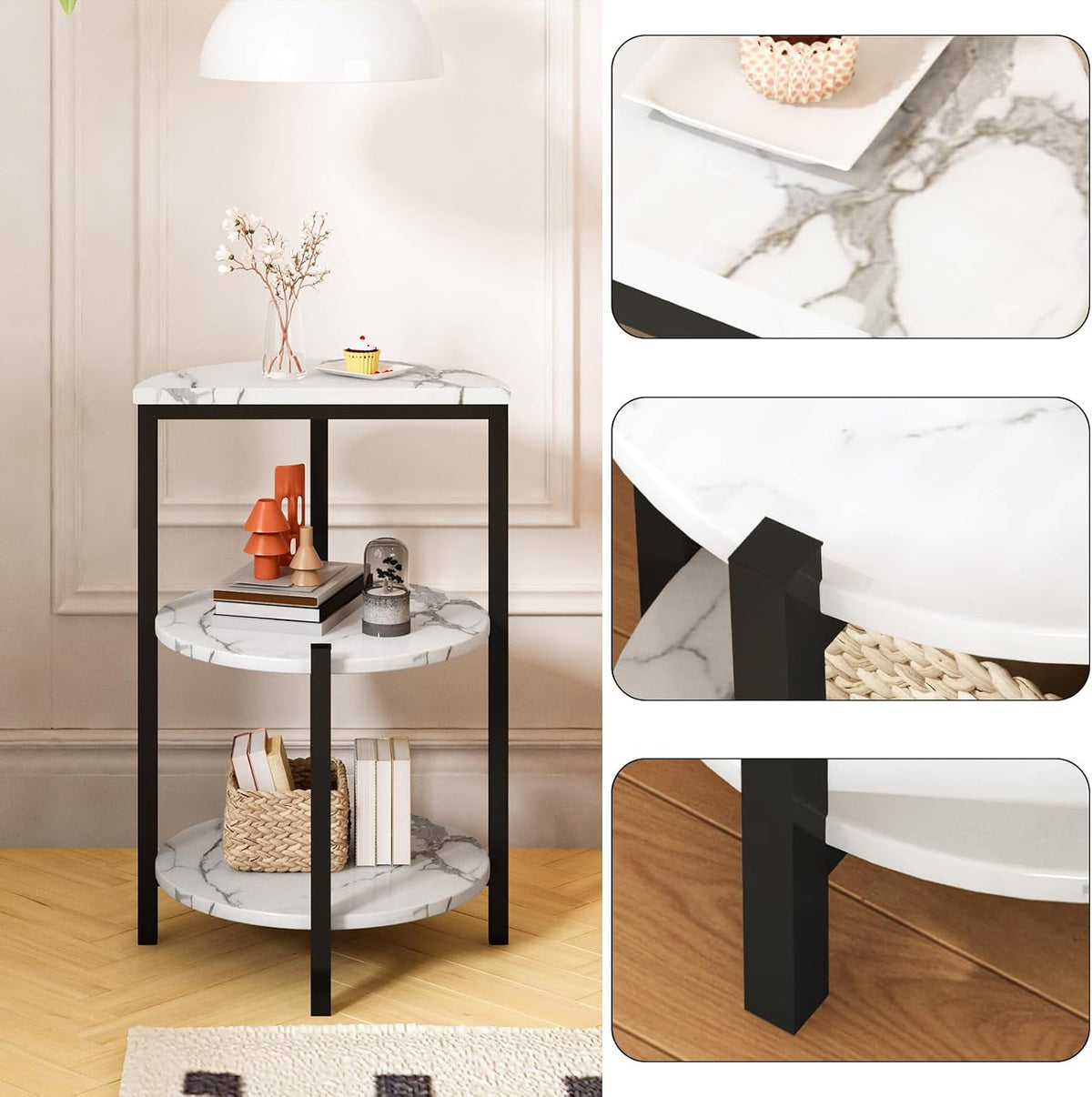 White and Black End Tables Set of 2, Round Marble Nightstand Set of 2 for Bedroom 3-Tier Marble Side Table Small Coffe Table with Metal Legs,Modern Sofa Table Accent Table for Living Room