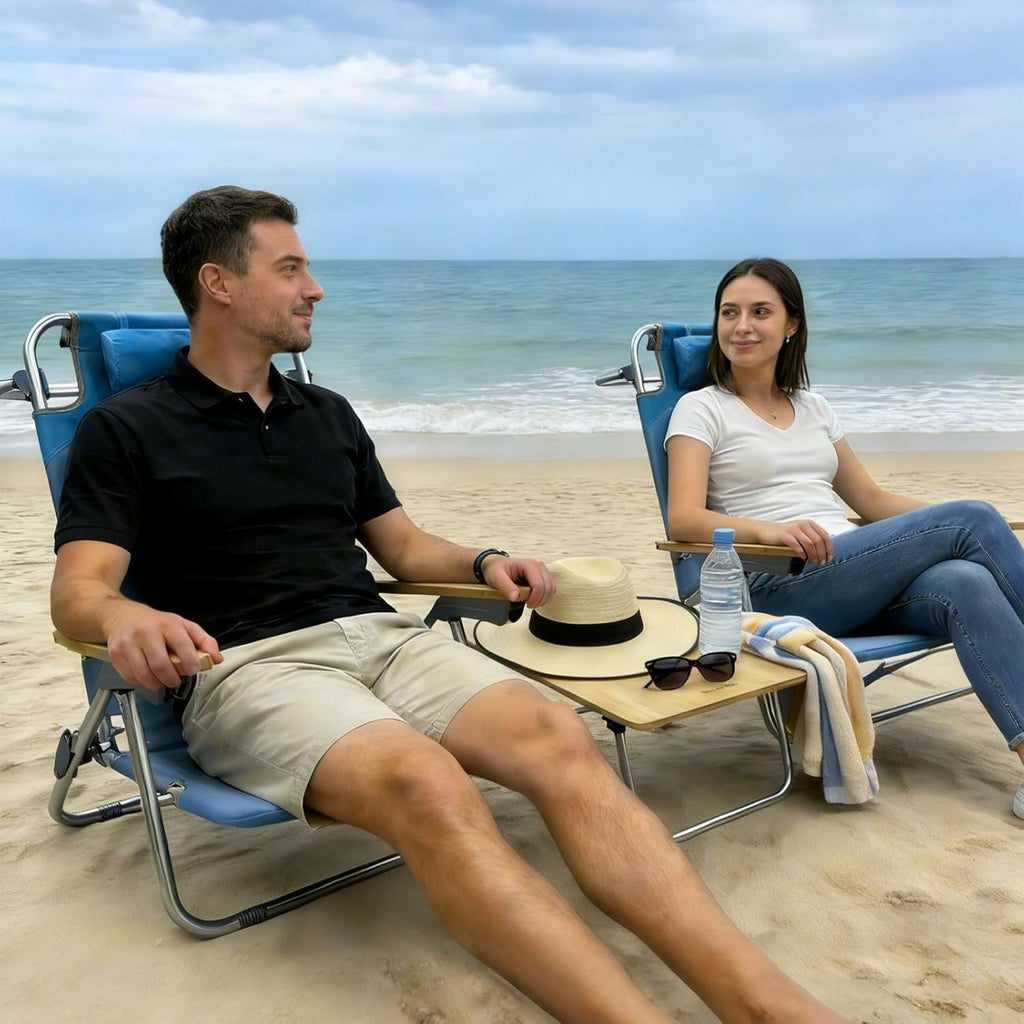 2 Pack Low Backpack Beach Chair with Folding Bamboo Table for Adults, 5-Position Lay Flat Reclining Chair Lightweight with Cooler Bag Supports 265 lbs