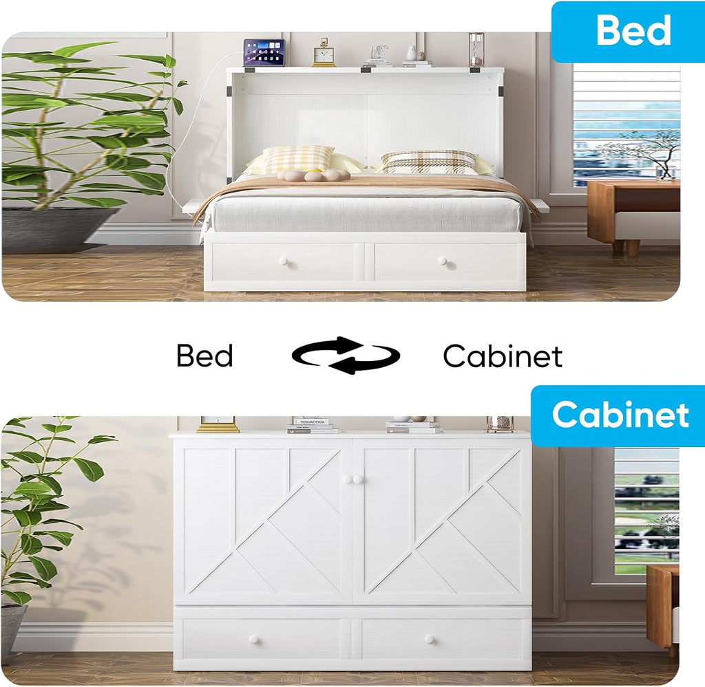 Mjkone Murphy Cabinet Bed Queen Size, White(No Mattress) | Storage Drawers, USB Charging Station,Wall Hideaway Guest Chest Cabinet Bed for Living Room Bedroom Home Office